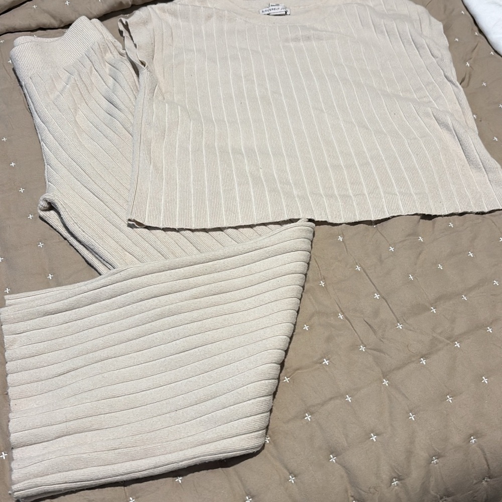 Beige Ribbed Knit Top and Pants Set